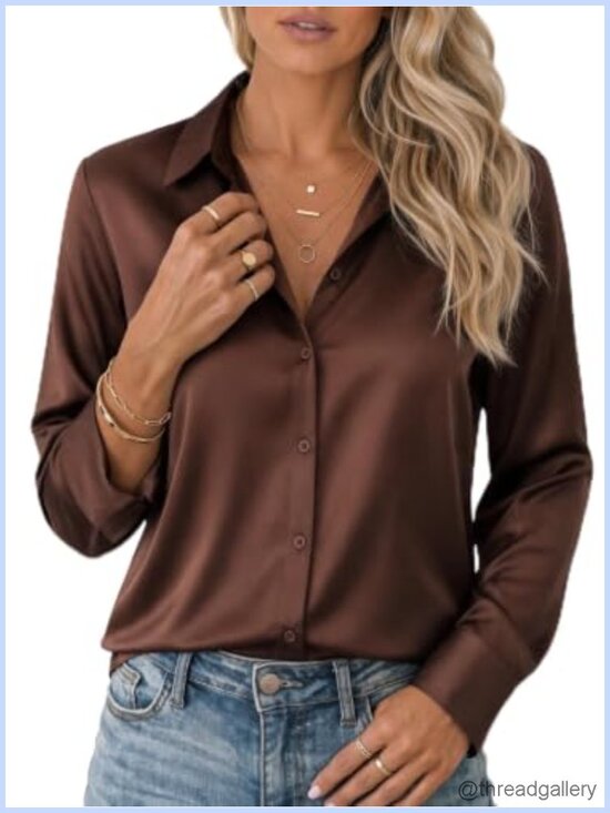 Tops - Silky Satin Button Down Collared Blouse Pleated Back Roll-Up Cuff